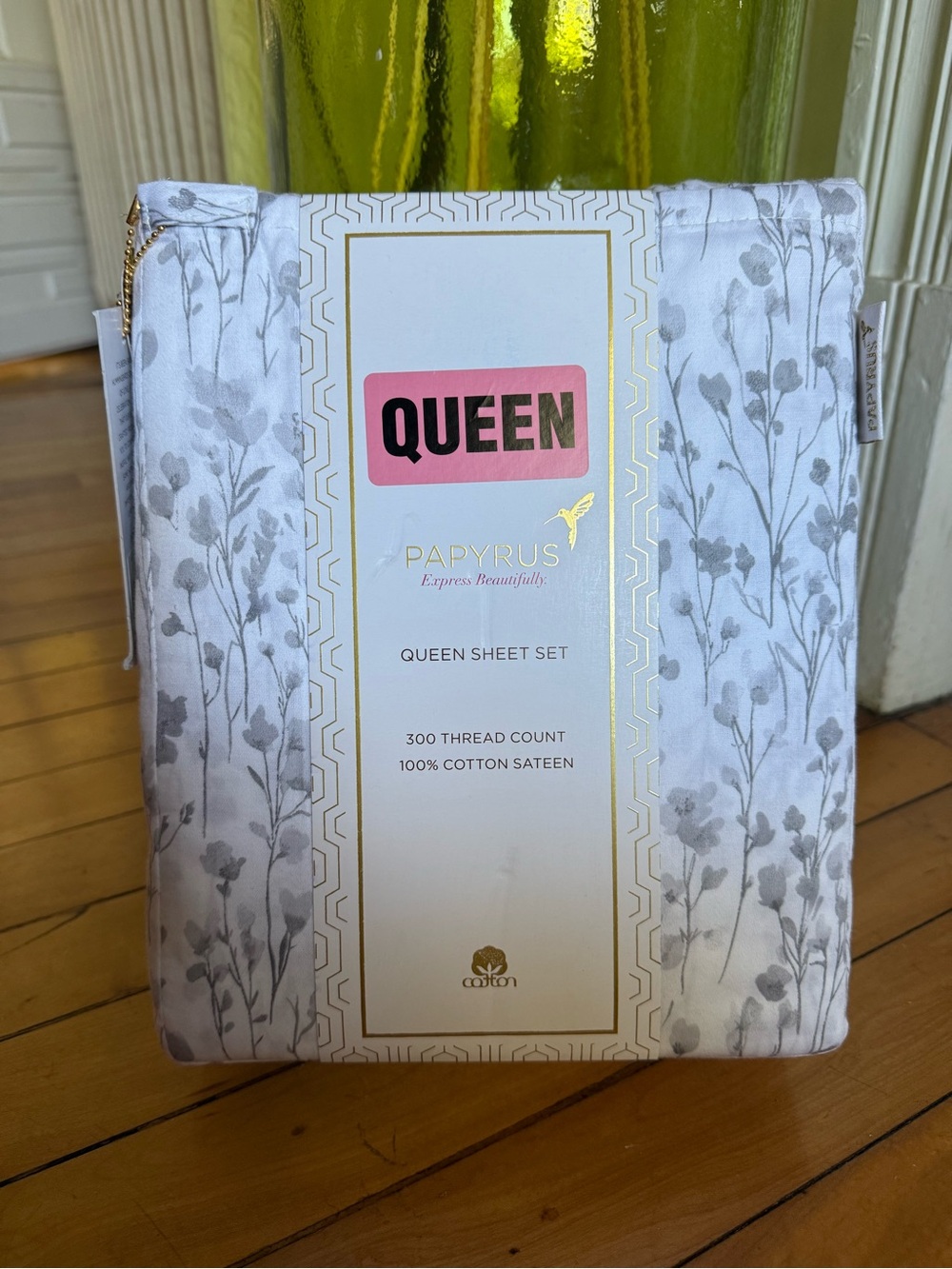 Papyrus Queen Sheet Set Floral Spray Gray 100% Cotton Sateen 300 Thread Count